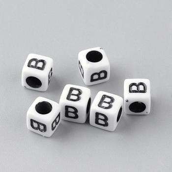 Opaque Acrylic Beads, Letter Style, Cube, Letter.B, 6x6x6mm, Hole: 3mm, about 3000pcs/500g