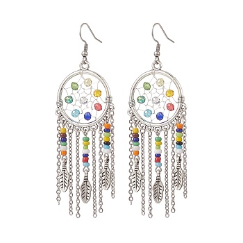 Alloy Woven Net/Web with Feather Chandelier Earrings with Glass Beaded, 316 Surgical Stainless Steel Long Drop Earrings for Women, Platinum, 90mm, Pin: 0.6mm