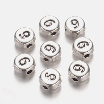 Flat Round Antique Silver Tone Alloy Number Beads, Num.9, 7x4mm, Hole: 1.2mm