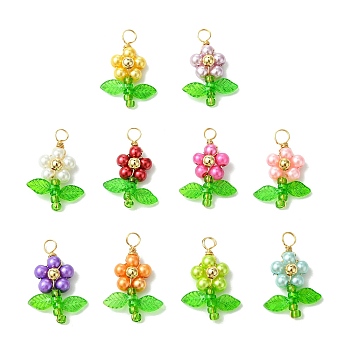 10Pcs 10 Colors Pearlized Glass Pearl Pendants, Flower, with Acrylic & Copper Wire, Mixed Color, 26.5x17.5x6mm, Hole: 3.5mm