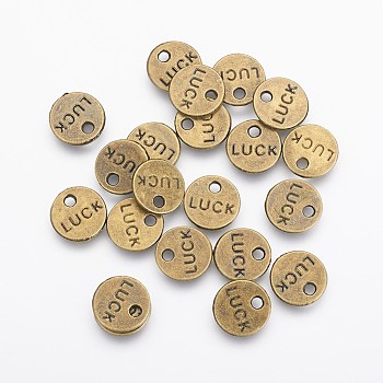 Flat Round Carved Word Luck Tibetan Style Message Charms, Lead Free & Nickel Free, Antique Bronze, 9x1mm, Hole: 1.5mm