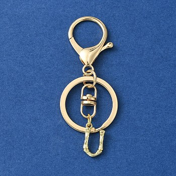 Alloy Initial Letter Charm Keychains, with Alloy Clasp, Golden, Letter U, 8.5cm