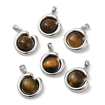 Natural Tiger Eye Pendants, Brass Half Round Charms, Real Platinum Plated, 19x16x6mm, Hole: 4x3mm
