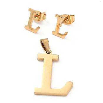 304 Stainless Steel Pendants and Stud Earrings Jewelry Sets, Alphabet, Letter.L, 20~23x13~19x1.5mm, Hole: 6x3mm, 6~10x6~9x1mm, Pin: 0.8mm