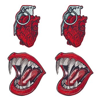 4Pcs 2 Style Realistic Heart & Vampire Mouth Polyester Embroidery Cloth Iron On/Sew On Patches, Costume Accessories, Red, 81.5~82x51.5~75.5x1.5~2mm, 2pcs/style