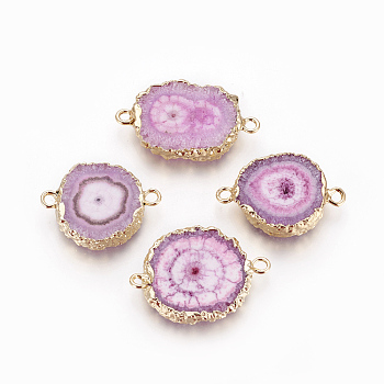 Natural Dyed Quartz Links connectors, with Brass Findings, Flat Round, Golden, Plum, 24.5~33x16~23x4~6mm, Hole: 2~2.5mm