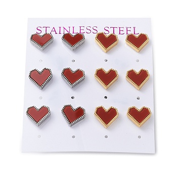 6 Pair 2 Color Heart Acrylic Stud Earrings, Golden & Stainless Steel Color 304 Stainless Steel Earrings, FireBrick, 10x11mm, 3 Pair/color