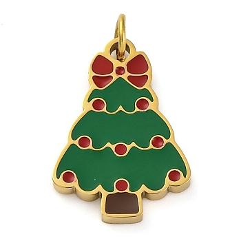 Christmas Theme Ion Plating(IP) 304 Stainless Steel Enamel Pendants, with Jump Ring, Manual Polishing, Real 18K Gold Plated, Christmas Tree, 16x11x1.5mm, Hole: 2.5mm