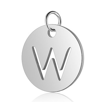 304 Stainless Steel Charms, Flat Round with Letter, Stainless Steel Color, Letter.W, 12x1mm, Hole: 2.5mm