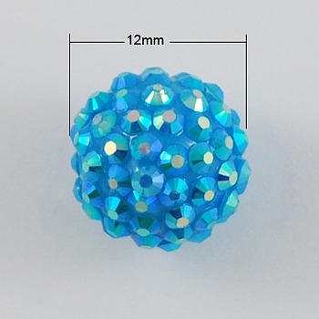 AB Color Disco Pave Ball Resin Rhinestone Beads for Chunky DIY Jewelry Making, Round, Deep Sky Blue, 12x10mm, Hole: 2mm