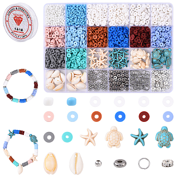 Ocean Theme DIY Bracelets Making Kits, Including Polymer Clay Beads, Synthetic Turquoise Beads, Brass Beads, Mixed Color, 6x1mm, Hole: 2mm