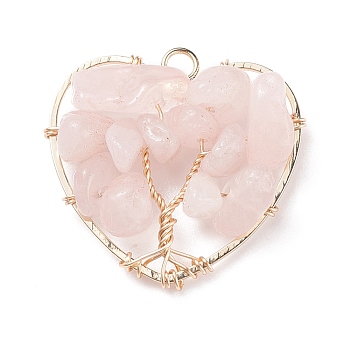 Natural Rose Quartz Pendants, with Copper Findings and Brass Findings, Heart & Tree, 25.5x27x8mm, Hole: 2.6mm