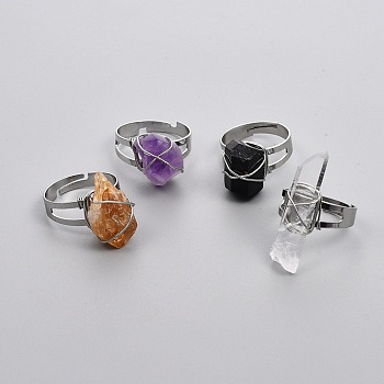 Adjustable Wire Wrapped Natural Gemstone Finger Rings, with Platinum Plated Brass Findings, Nuggets, Size: 9, Inner Diameter: 19~19.5mm
