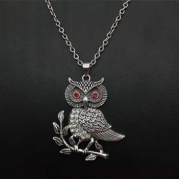 Alloy Light Siam Rhinestone Cute Owl Pendant Necklaces for Women, Platinum