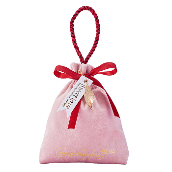 Velvet Jewelry Drawstring Gift Bags, with Alloy Clips & Pendants, Wedding Favor Candy Pouches, Pink, 15.5x12.8x0.6cm