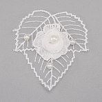 Milk Fiber Lace Embroidery Costume Accessories, Applique Patch, Sewing Craft Decoration, with Imitation Pearl, 3D Leaf with Flower, White, 76x70x8.5mm(DIY-WH0019-53)
