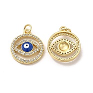 Brass Micro Pave Cubic Zirconia Pendants, with Enamel & Jump Ring, Flat Round with Evil Eye Charm, Golden, Royal Blue, 19x16.5x4.5mm, Hole: 3.3mm(KK-E068-VB282-1)