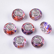 Resin European Beads, Large Hole Beads, with Silver Color Plated Brass Cores, Rondelle, Colorful, 14x8.5~9mm, Hole: 5mm(RPDL-S013-09F)