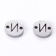 201 Stainless Steel Links, Laser Cut, Flat Round with Letter, Letter.N, 6x6x1mm, Hole: 0.8mm(STAS-R112-01N)