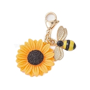 Bee Sunflower Resin & Alloy Enamel Pendant Decorations, 304 Stainless Steel Lobster Claw Clasps Charms for Bag Ornaments, Golden, 45mm(HJEW-JM01995)