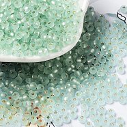 8/0 Glass Seed Beads, Frosted, Silver Lined, Round, Medium Aquamarine, 3x2mm, Hole: 1mm(SEED-Z001-C-E05)