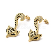 Fox Brass Dangle Stud Earrings, with Cubic Zirconia, Real 18K Gold Plated, 34x16mm(EJEW-L268-003G)