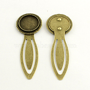 Iron Bookmark Cabochon Setting, with Alloy Flat Round Tray, Lead Free & Nickel Free & Cadmium Free, Antique Bronze, 77x27x3mm, Tray: 20mm(PALLOY-S033-12AB-NR)