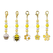 Golden Tone Alloy Enamel Pendant Decoration, with Glass Pearl Beads, Bees & Honeycomb, Mixed Color, 66~73mm(HJEW-JM01453)