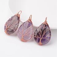 Natural Amethyst Pendants, teardrop, with Rose Gold Tone Brass Findings, 48~55x30~32x10~12mm, Hole: 4~7x8~12mm(G-K122-09RG)