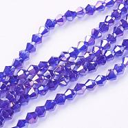 Glass Beads Strands, AB Color Plated, Faceted, Bicone, Blue, 4x4mm, Hole: 1mm, about 92~96pcs/strand, 13.78~14.37 inch(EGLA-S056-05)