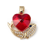 Real 18K Gold Plated Rack Plating Brass Micro Pave Cubic Zirconia Pendants, with Glass, Long-Lasting Plated, Cadmium Free & Lead Free, Heart & Whale, Red, 19x19x8mm, Hole: 5x3mm(KK-C015-28G-09)