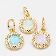 Brass Micro Pave Cubic Zirconia Charms, with Synthetic Opal, Flat Round, Golden, 12x9.5x2mm, Hole: 4mm(ZIRC-G068-G)