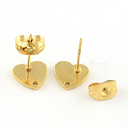 304 Stainless Steel Heart Stud Earring Findings, with Loop and Flat Plate, Golden, 8x8mm, Hole: 1mm, pin: 0.8mm(STAS-R063-37G)