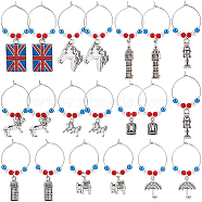 20Pcs 10 Styles Union Jack & Soldier & Umbrella & Horse & Crown Alloy Dangle Wine Glass Charms with Glass Pearl, Brass Hoop Earrings, Antique Bronze, 45~67mm, Pin: 0.8mm, 2pcs/style(AJEW-BC0003-10)