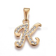 304 Stainless Steel Pendants, with Rhinestone, Letter, Letter.K, 19.5x18x2mm, Hole: 3~3.5x7.5~8mm(STAS-F202-16G-K)