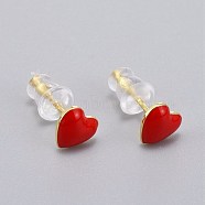 Brass Enamel Stud Earrings, with Plastic Ear Nuts, Long-Lasting Plated, Heart, Real 18K Gold Plated, Red, 6x6.5mm, Pin: 1mm(EJEW-L231-65C)