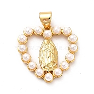 ABS Plastic Imitation Pearl Pendants, with Brass Findings, Real 18K Gold Plated, Heart with Virgin Mary Charm, Snow, 20x19.5x3.8mm, Hole: 3.4x4.5mm(KK-M235-16G)