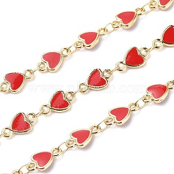 Handmade Alloy Enamel Heart Link Chains, with Spool, Soldered, Long-Lasting Plated, Lead Free & Cadmium Free, Golden, Red, 10x6x1.6mm, about 16.4 Feet(5m)/roll(ENAM-F138-02B-02-RS)