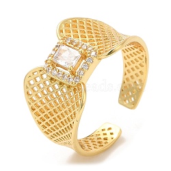 Rack Plating Brass Hollow Wide Band Cuff Rings, Rectangle Clear Cubic Zirconia Open Ring for Women, Lead Free & Cadmium Free, Real 18K Gold Plated, 4~12mm, Inner Diameter: 17.2mm(RJEW-D008-15G)