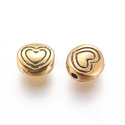 Tibetan Style Alloy Beads, Flat Round with Heart, Antique Golden, Lead Free & Cadmium Free & Nickel Free, 6x6x3mm, Hole: 1.5mm(X-GLF10713Y-NF)