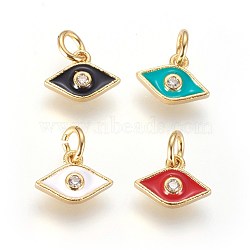 Brass Micro Pave Cubic Zirconia Charms, with Enamel and Jump Ring, Horse Eye, Golden, Mixed Color, 7x10x2mm, Hole: 3mm(ZIRC-G150-07G)