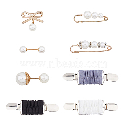 8Pcs 8 Style Zinc Alloy Kilt Pin Brooches, Polyester Elastic Sweater Shawl Clip for Women, with Plastic Imitation Pearl, Platinum & Golden, 33~118x10~34x8.5~15.5mm, 1pc/style(AJEW-FH0004-37)