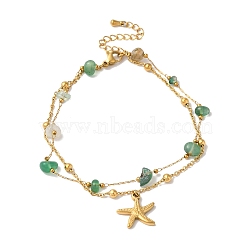 Summer Beach Nuggets Natural Agate(Dyed & Heated) Multi-Strand Anklets, Starfish Ion Plating(IP) 304 Stainless Steel Charm Anklets for Women, Golden, 8-1/2 inch(21.5cm)(BJEW-P326-07E-G)