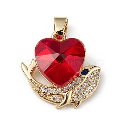 Real 18K Gold Plated Rack Plating Brass Micro Pave Cubic Zirconia Pendants, with Glass, Long-Lasting Plated, Cadmium Free & Lead Free, Heart & Whale, Red, 19x19x8mm, Hole: 5x3mm(KK-C015-28G-09)