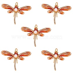 5Pcs Eco-Friendly Brass Micro Pave Cubic Zirconia Pendants, Long-Lasting Plated, Lead Free & Cadmium Free & Nickel Free, Real 18K Gold Plated, Dragonfly, Orange Red, 23x35x6mm, Jump Ring: 5x0.5mm, 3mm Inner Diameter(KK-SZ0005-72)