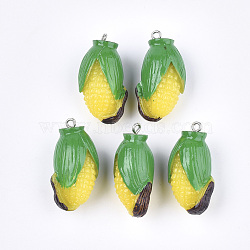 Resin Pendants, with Platinum Tone Iron Findings, Imitation Food, Maize, Yellow, 34~35x18~19x15mm, Hole: 2mm(RESI-T028-50)