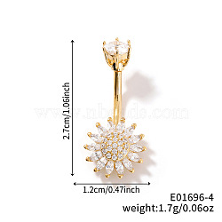 Shiny Sunflower Brass Full Crystal Rhinestone Belly Button Rings, Piercing Navel Rings, Barbell Body Jewelry for Women, Golden, 27x12mm(AG8892-4)