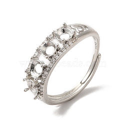 Adjustable Alloy Pad Ring Settings, with Clear Cubic Zirconia, Prong Ring Settings, 925 Sterling Silver Plated, Round: US Size 7 1/2(17.7mm), Tray: 2.5mm(KK-C022-01F-P)
