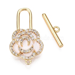 Brass Micro Pave Clear Cubic Zirconia Toggle Clasps, with Enamel, Flower, Real 18K Gold Plated, White, 25x13.5x5.5mm, Hole: 1.2mm, Bar: 4.5x16.5x2mm, Hole: 1.6mm(KK-N054-143G-A)