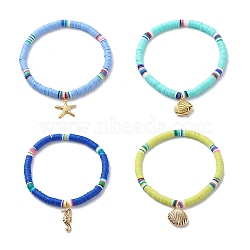 4Pcs 4 Style Handmade Polymer Clay Disc Surfer Stretch Anklets Set, Brass Fish & Shell & Starfish & Sea Horse Charms Stackable Anklets for Women, Mixed Color, Inner Diameter: 2-5/8 inch(6.7cm), 1Pc/style(AJEW-AN00503)